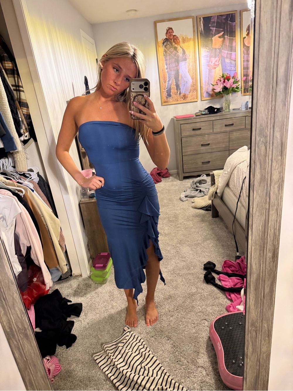 Strapless Blue Ruffle Midi Dress